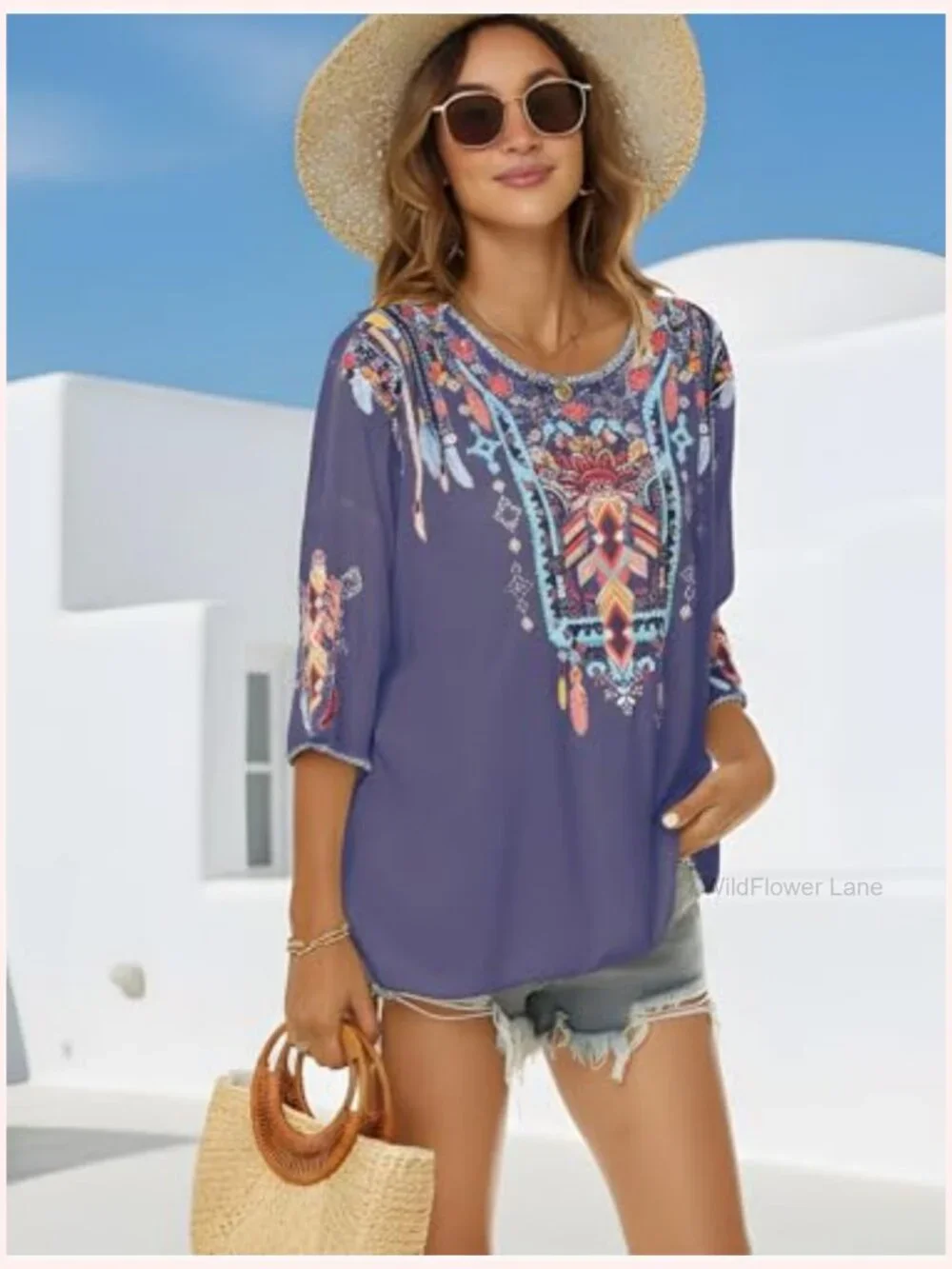 Mexican Embroidered Bohemian Tunic Top 3/4 Sleeve Rayon Plus Size - Picture 5 of 5